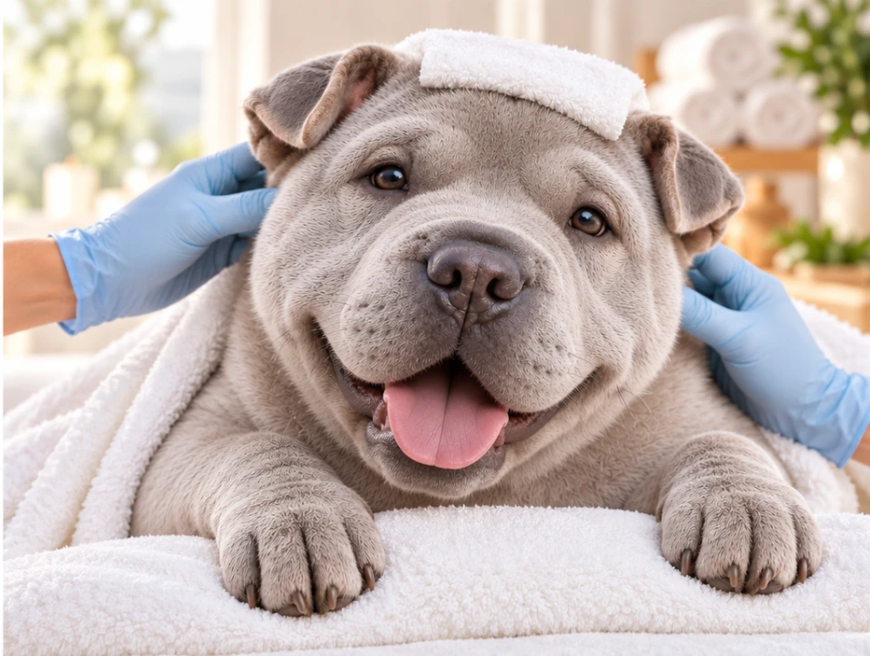 Humorvolles Motiv: derselbe Shar-Pei-Hund im Spa, jetzt mit glatter Haut und fröhlichem Lächeln
