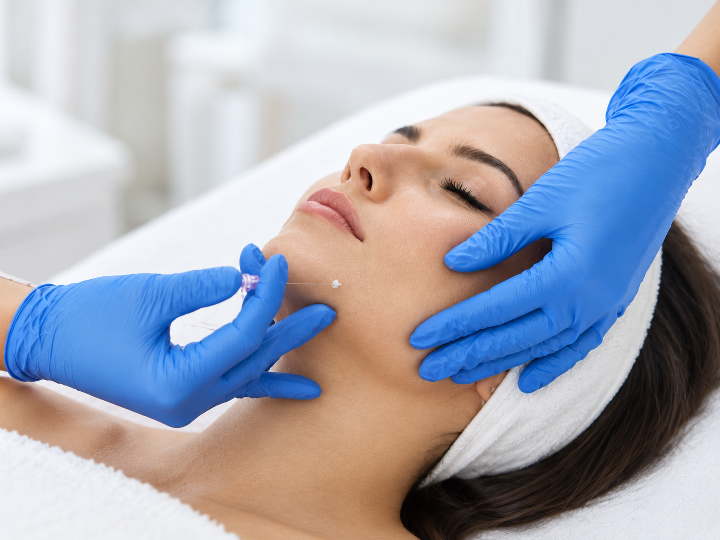 Illustratives Motiv: Fadenbehandlung im Gesicht mit blauen Handschuhen